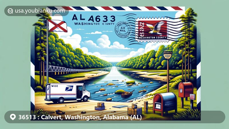 Modern illustration of Calvert, Washington County, Alabama, depicting the serene and lush natural environment along the Tombigbee River, featuring the Alabama state flag and a contour representation of Washington County, with a creative postal theme showcasing the ZIP code 36513 and local charm.