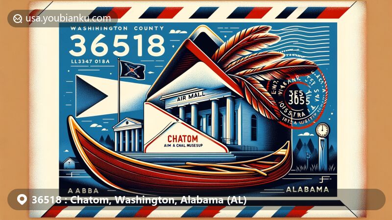 Modern illustration of Chatom, Washington County, Alabama, highlighting postal theme with ZIP code 36518, featuring Washington County History Museum, Alabama state flag, and 750-year-old Native American canoe.