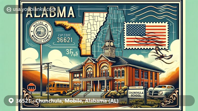 Modern illustration of Chunchula, Mobile County, Alabama, showcasing postal theme with ZIP code 36521, featuring Chunchula School, vintage postcard background, Alabama state flag stamp, and Chunchula postmark.