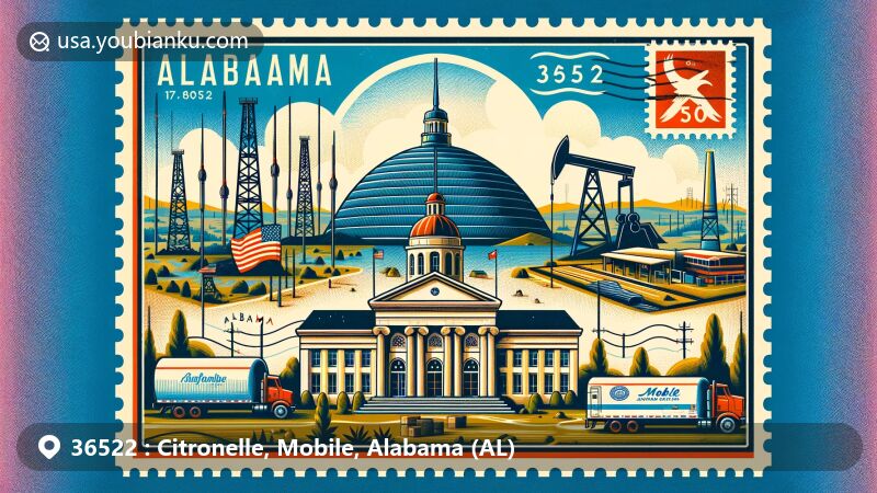 Modern illustration of Citronelle, Mobile County, Alabama, fusing regional charm with postal elements, showcasing Citronelle Dome, oil derricks, Mobile and Ohio Depot Museum, Alabama state flag, stamps, postmark 'ZIP Code 36522', mailbox, and mail truck.