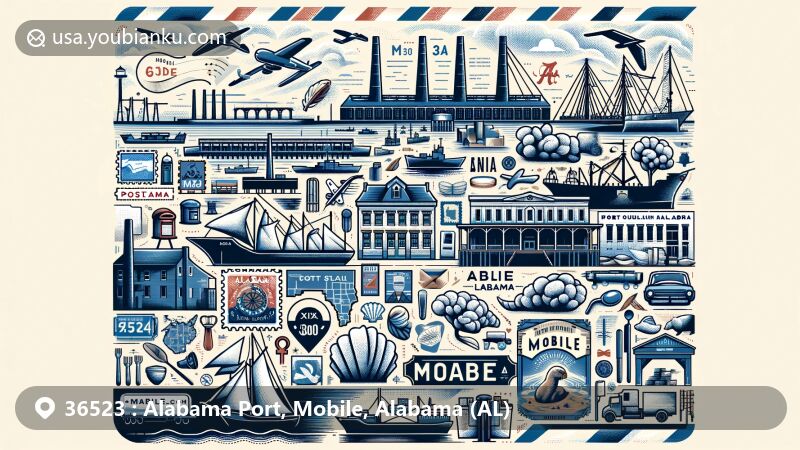 Modern illustration of Alabama Port in Mobile, Alabama, featuring a postal-themed design with stamps, postmarks, 36523 ZIP Code, mailbox, and mail truck elements, combined with historical features like Fort Conde, cotton, seafood, and WWII ships symbols.