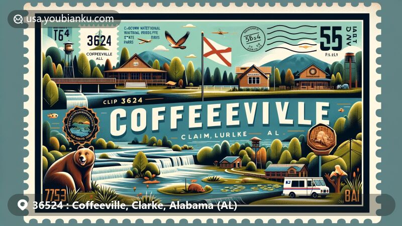 Modern illustration of Coffeeville, Clarke County, Alabama, showcasing postal theme with ZIP code 36524, featuring Choctaw National Wildlife Refuge, Bladon Springs State Park, and Alabama state flag.