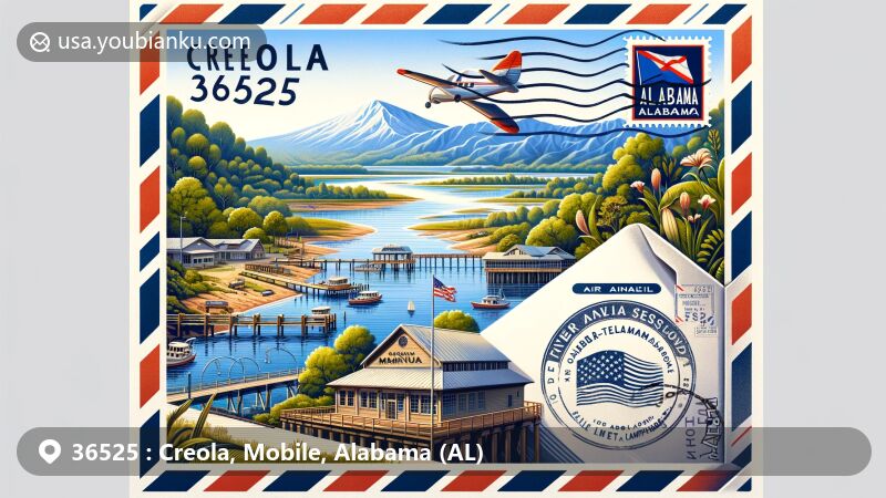 Creative illustration of Creola, Alabama, highlighting postal theme with ZIP code 36525, featuring River Delta Marina, Campground, and Alabama's delta landscapes.