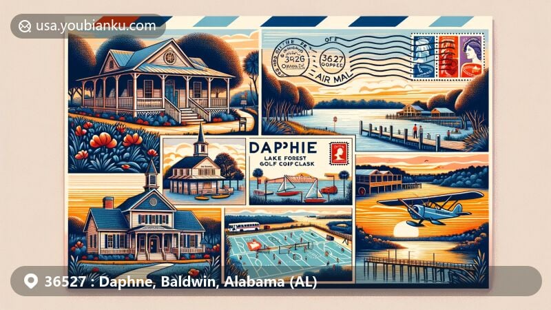 Modern illustration of Daphne, Baldwin, Alabama (AL) with postal code 36527, featuring Lake Forest Golf Course trails, Al Trione Sports Complex fields, Daphne Museum of History and Sunset Pointe at Fly Creek Marina.