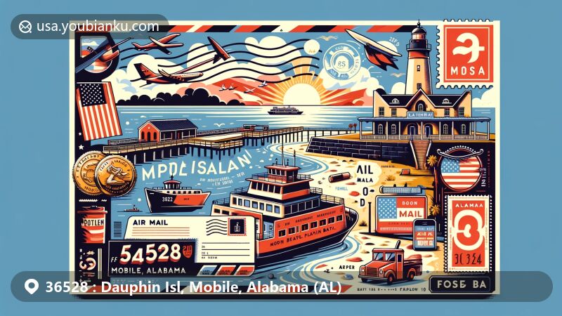 Modern illustration of Dauphin Island, Mobile, Alabama, capturing postal theme with ZIP code 36528, featuring Fort Gaines, the Mobile Bay Ferry, and Alabama state flag.