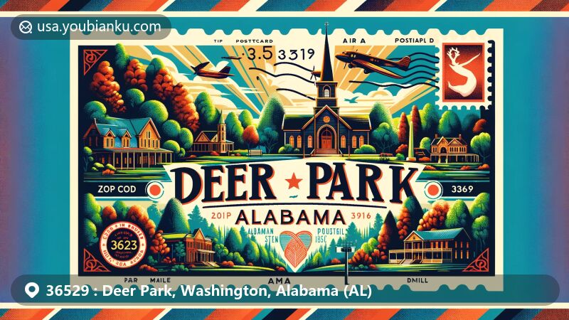Modern illustration of Deer Park, Alabama, highlighting natural beauty, historic buildings, and postal elements with ZIP code 36529, featuring lush scenery, Deer Park United Methodist Church, stamp, postmark, and Alabama state flag.