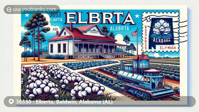 Modern illustration of Baldwin County Heritage Museum in Elberta, Alabama, showcasing agricultural heritage against typical Alabama landscapes, with Baldwin County outline and Alabama state flag.