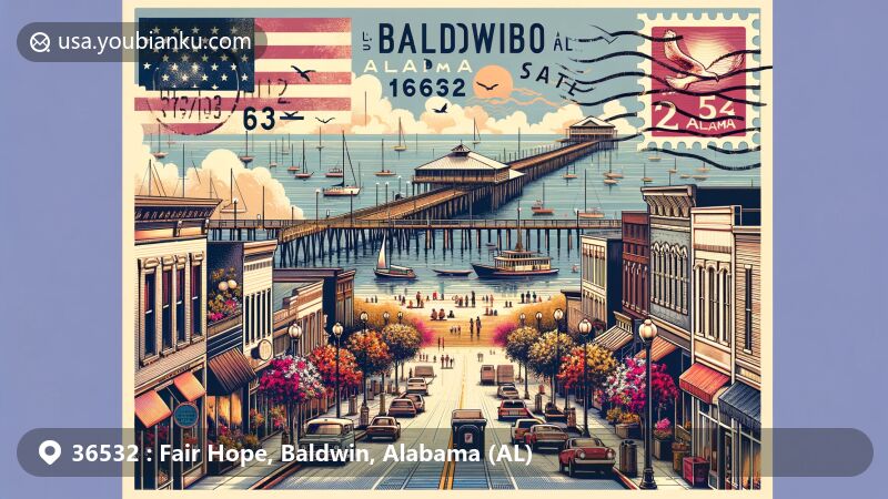 Modern illustration of Fairhope, Baldwin, Alabama (AL), highlighting the city's Municipal Pier, Fairhope Avenue, Eastern Shore Art Center, and postal theme with ZIP code 36532, blending local culture and postal symbols.