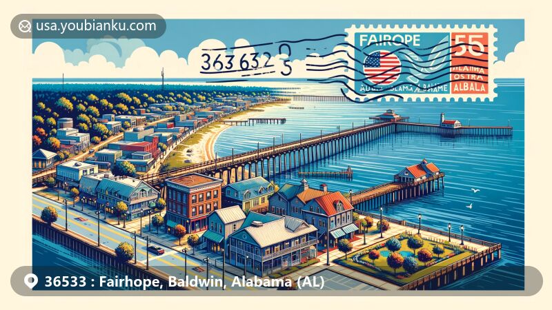 Modern illustration of Fairhope, Alabama in Baldwin County, featuring iconic Fairhope Pier on Mobile Bay with ZIP code 36533, downtown area, and Fairhope Municipal Pier Park.