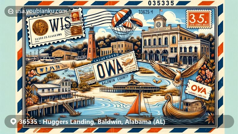 Vibrant illustration of ZIP code 36535 area in Baldwin County, Alabama, featuring Foley Downtown Historic District, Baldwin County Heritage Museum, OWA, and Gulf of Mexico's coastline, set against a vintage postcard background with postal elements.