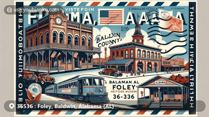 Creative illustration of Foley, Alabama, showcasing Baldwin County Heritage Museum, Holmes Medical Museum, Foley Railroad Museum, and downtown historic district, with a modern postcard design and elements representing the city's rich history.
