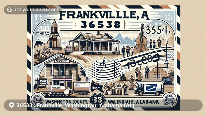 Modern illustration of Frankville, Washington County, Alabama, highlighting the annual Old Time Fiddlers Convention, postal elements, and state flag, in a vintage postcard design for ZIP code 36538.