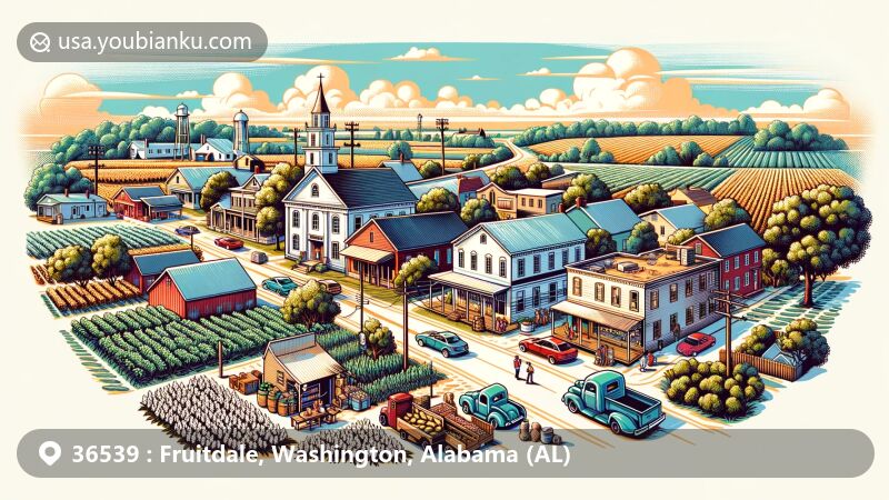 Charming illustration of Fruitdale, Alabama, a rural town in southwestern Alabama, embodying tranquility and simple beauty of life.