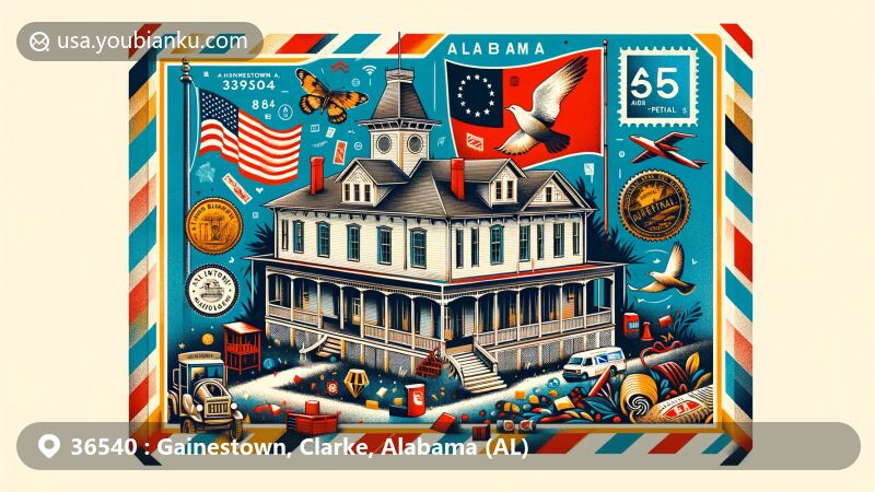 Modern illustration of Gainestown, Clarke County, Alabama, highlighting historic Wilson-Finlay Home and Alabama symbols, presented as a creative airmail envelope with postal elements and '36540' inscription.