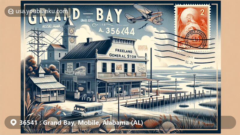 Modern illustration of Grand Bay, Alabama, showcasing postal theme with ZIP code 36541, featuring Grand Bay Historic District with iconic Freeland General Store and Grand Bay State Bank against a backdrop of estuary, blending natural beauty with thematic elements.