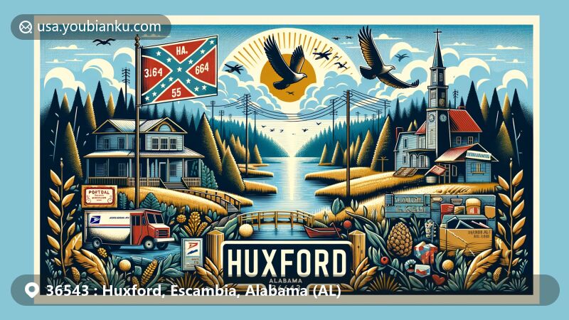 Creative illustration of Huxford, Alabama, with ZIP code 36543, blending geographical and cultural elements with postal themes, showcasing natural beauty and rural aspect of Escambia County.