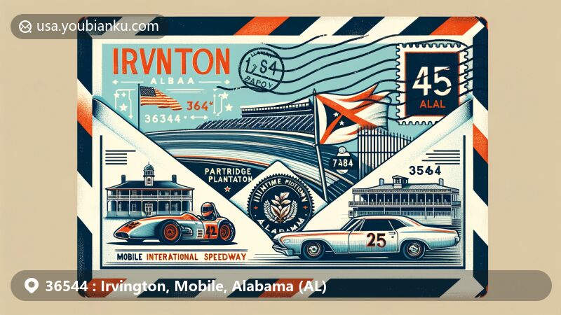Modern illustration of Irvington, Alabama, featuring Mobile International Speedway and Partridge Plantation, with vintage air mail envelope backdrop and ZIP code 36544.