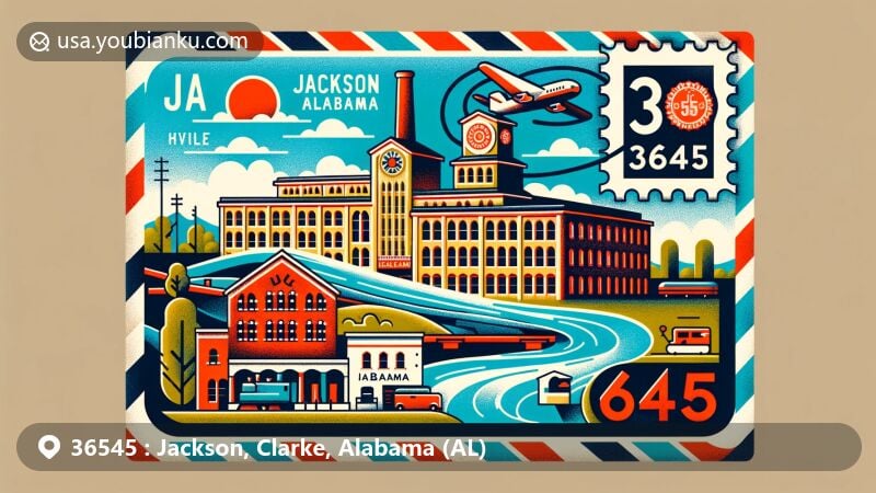 Modern illustration depicting ZIP code 36545 area in Jackson, Clarke County, Alabama, with Clarke Mills textile factory and Tombigbee River, featuring air mail envelope with postage stamp, postmark, and Alabama state outline.