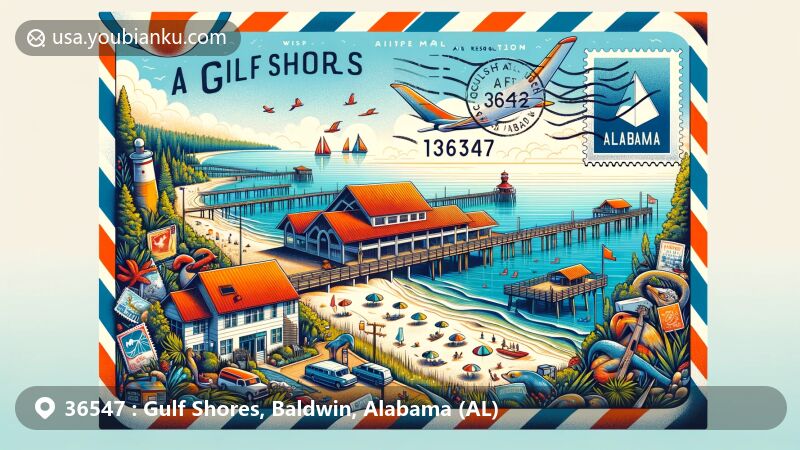 Modern illustration of Gulf Shores, Alabama, showcasing postal theme with ZIP code 36547, featuring Gulf State Park, Gulf State Park Pier, and The Wharf, along with state symbols like the Alabama state flag.