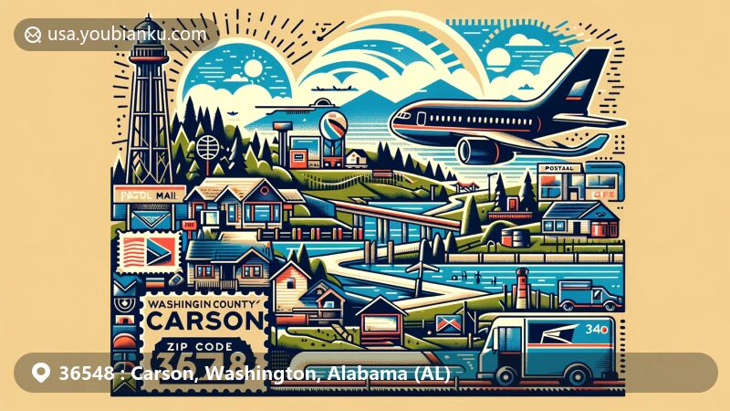Modern illustration of Carson, Washington County, Alabama, highlighting postal theme with ZIP code 36548, featuring landscape, landmarks, and postal elements.