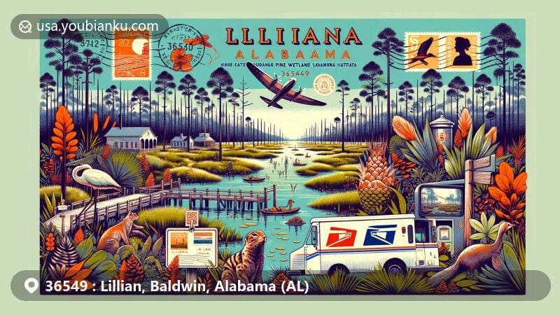 Modern illustration of Lillian area, Baldwin County, Alabama, blending natural beauty of Lillian Swamp Complex with postal elements, showcasing pine wetland savannah habitat and '36549 Lillian, AL' postcard theme.