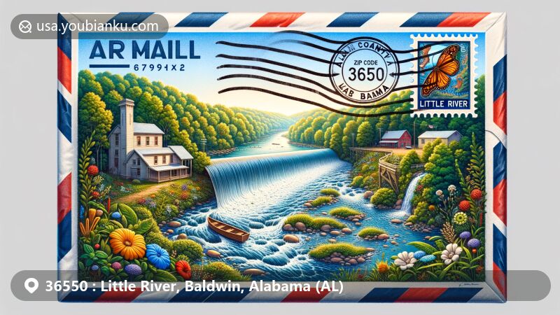 Modern illustration of Little River, Baldwin County, Alabama, featuring postal theme with ZIP code 36550, showcasing a vibrant scene with flowing river, lush greenery, and Alabama state flag.