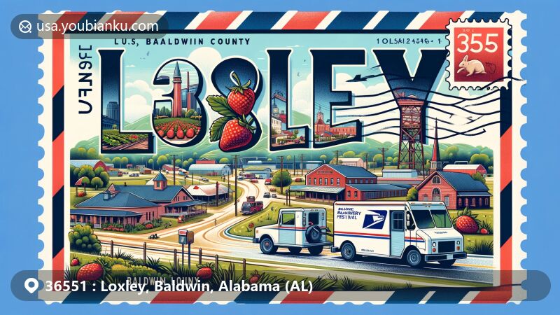 Modern illustration of Loxley, Baldwin County, Alabama, featuring postal theme with ZIP code 36551, showcasing Baldwin County Strawberry Festival and historical landmarks.