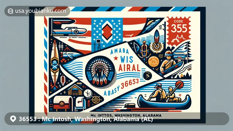 Modern illustration of Mc Intosh, Washington County, Alabama, with airmail envelope theme and elements representing Alabama state flag, Native American culture, fishing, canoeing, and hunting.