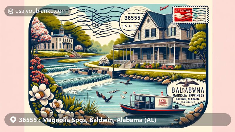 Modern illustration of Magnolia Springs, Baldwin County, Alabama, featuring ZIP code 36555 and the picturesque Magnolia River, the only river with a mail delivery route in the U.S., showcasing the historic McNair House and town's quaint character.