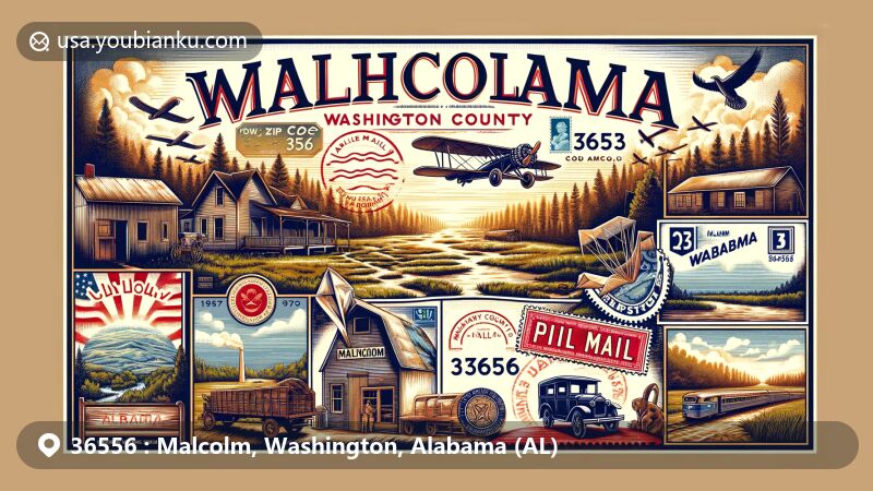 Modern illustration of Malcolm, Washington County, Alabama, showcasing rural countryside scenery with a vintage postcard or airmail envelope featuring ZIP code 36556, postage stamps, postmarks, and a vintage mailbox or postal vehicle, capturing the essence of Washington County and possibly including iconic symbols representing Alabama.