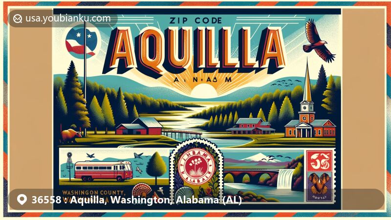 Modern illustration of Aquilla area, Washington County, Alabama, with postal theme showcasing ZIP code 36558, featuring iconic local landmark and elements symbolizing the rich natural and cultural heritage of Alabama.