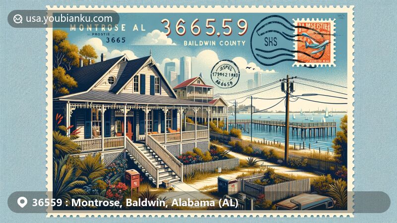 Modern illustration of Montrose Historic District, Baldwin County, Alabama, highlighting Creole cottage style homes by Mobile Bay. Features vintage postcard theme with postal stamp, 'Montrose, AL 36559' postmark, and natural beauty.