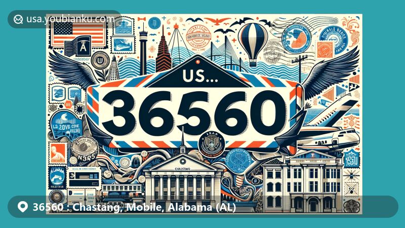 Modern illustration of Chastang, Mobile County, Alabama, featuring an airmail envelope with ZIP code 36560, surrounded by postal motifs and symbols of Alabama's state flag and Mobile's cultural icons.