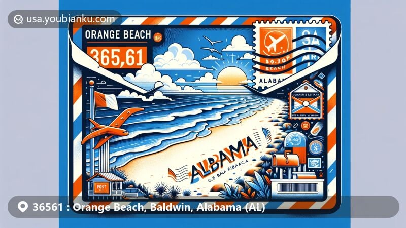 Modern illustration of Orange Beach, Baldwin County, Alabama, inspired by airmail envelope with ZIP code 36561, showcasing white sandy beaches, Gulf of Mexico waters, postal elements, and Alabama state symbols.