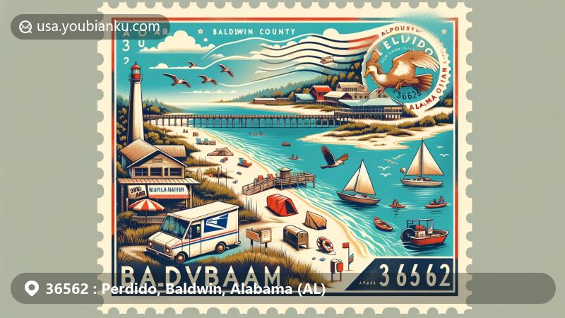 Modern illustration of Perdido area, Baldwin County, Alabama, highlighting Gulf Coast beaches and outdoor activities like fishing, surfing, kayaking, and camping. Features Baldwin County outline, vintage airmail envelope, postage stamp with ZIP code 36562, and postal truck by beachside road, creatively integrating symbols of Alabama.