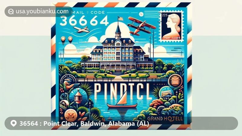Modern illustration of Point Clear, Baldwin County, Alabama, showcasing postal theme with ZIP code 36564, featuring picturesque landscapes of lush greenery and tranquil waterfronts along Mobile Bay, incorporating emblematic elements of the postal theme.