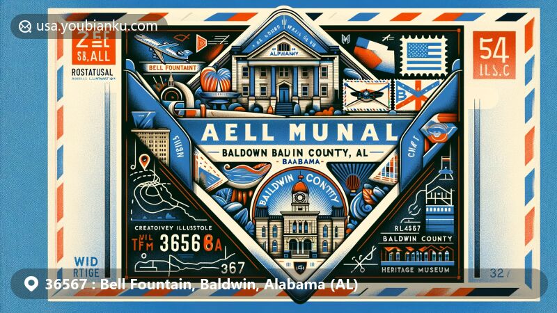 Modern illustration of Bell Fountain area in Baldwin County, Alabama, featuring creatively designed air mail envelope with Alabama state flag, Baldwin County outline, and Baldwin County Heritage Museum, showcasing postcard-like pattern with prominent 36567 ZIP code.