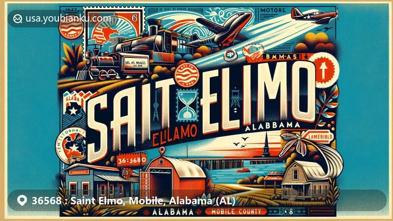 Modern illustration of Saint Elmo, Mobile County, Alabama, highlighting ZIP code 36568 with postal theme, featuring local geography near Bayou La Batre, L&N Railroad, and World War II airfield.