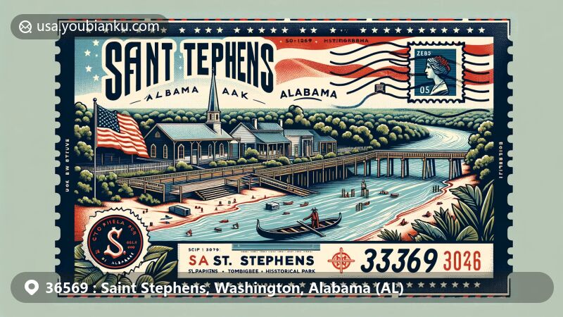 Vintage postcard illustration of St. Stephens Historical Park and Tombigbee River, with Alabama state flag, stamp, postmark, and ZIP code 36569.
