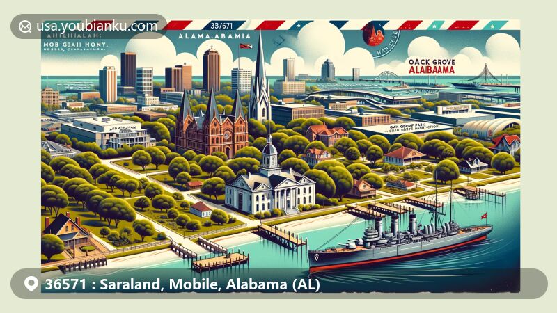 Modern illustration of Saraland, Alabama, showcasing landmarks like Battleship USS Alabama, Chickasabogue Park, Oak Grove Plantation, Mobile County River Delta Marina, and Cathedral of the Immaculate Conception, overlayed on a vintage air mail envelope with ZIP code 36571 and traditional postal elements.