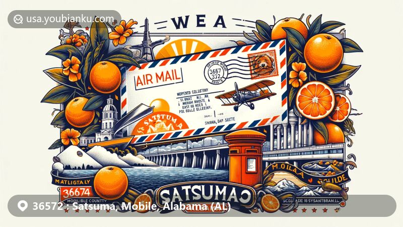 Illustration of Satsuma, Mobile, Alabama (AL), ZIP code 36572, featuring vintage airmail envelope with satsuma oranges, Mobile County River Delta, school emblem, postal motifs like postage stamp, '36572 Satsuma, AL' mark, and red mailbox.
