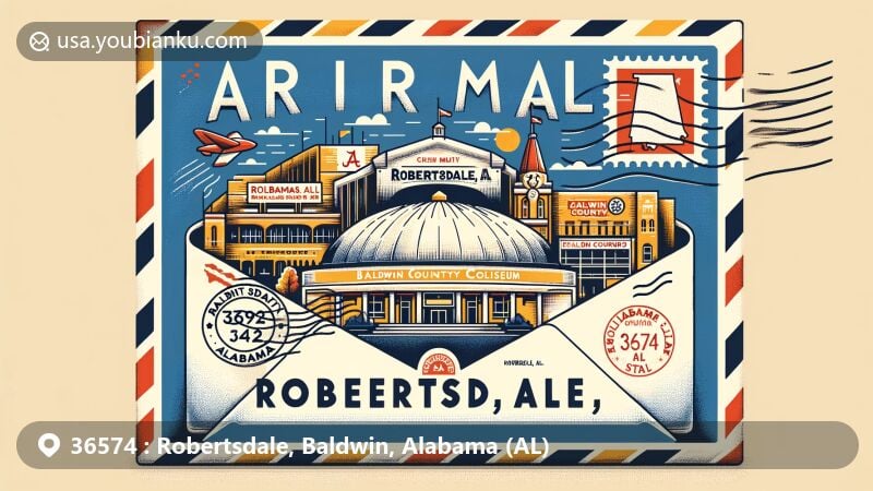 Modern illustration of Robertsdale, Alabama, highlighting ZIP code 36574, featuring air mail envelope with Baldwin County Coliseum and Fair Grounds, state of Alabama icon, and Alabama state flag stamp.