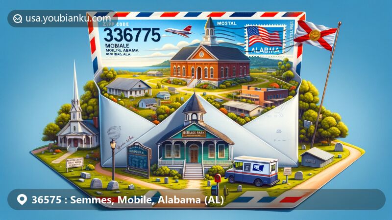 Modern illustration of Semmes, Mobile, Alabama, highlighting postal theme with ZIP code 36575, showcasing Heritage Park, Semmes Schoolhouse, and Malone Chapel in vibrant detail, complemented by Alabama state flag in the background.