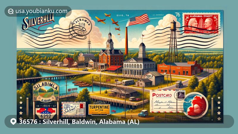 Modern illustration of Silverhill, Alabama, showcasing postal theme with landmarks like People's Supply Company and State Bank of Silverhill, highlighting Swedish heritage, agriculture, and turpentine industry roots.