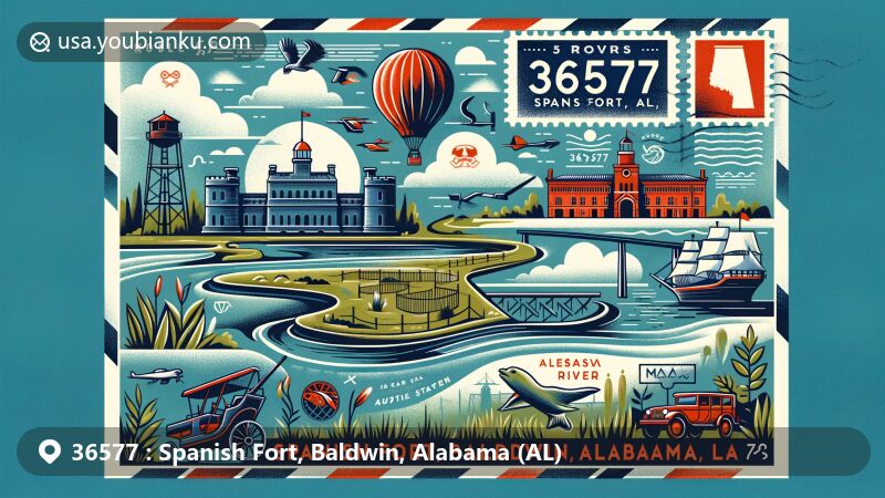 Modern illustration of Spanish Fort, Baldwin, Alabama (AL), showcasing postal theme with ZIP code 36577, featuring historic landmarks, natural rivers, and community spirit.
