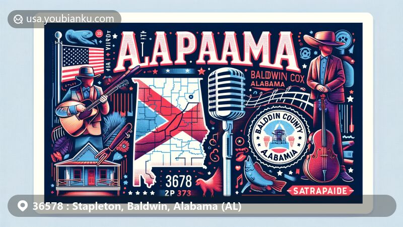 Modern illustration of Stapleton, Baldwin County, Alabama, with ZIP code 36578, showcasing Alabama state flag, Baldwin County outline, and bluegrass music festival elements.