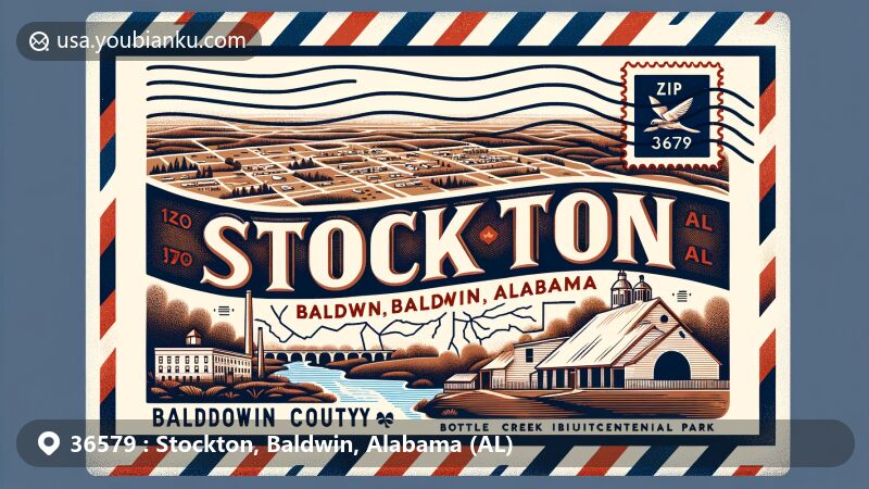 Vintage-style illustration of Stockton, Baldwin, Alabama, featuring Bottle Creek Indian Mounds and Baldwin County Bicentennial Park in a unique air mail envelope design, with ZIP Code 36579 and Alabama state symbols.