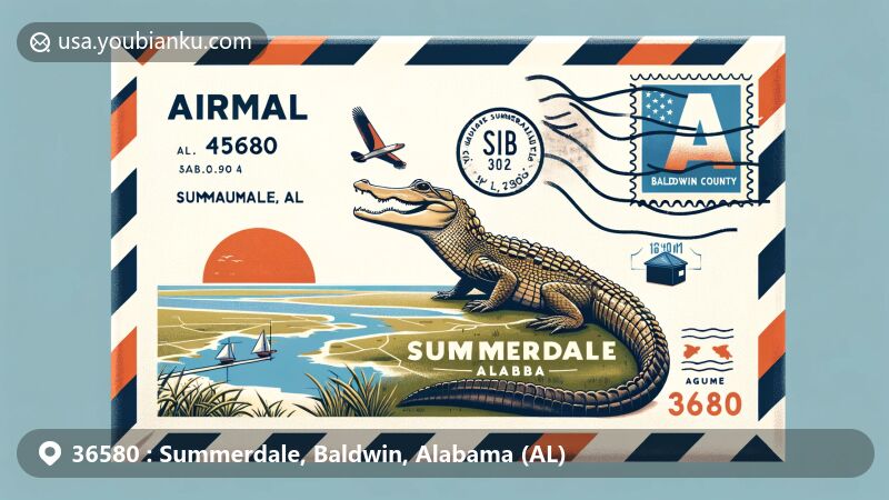 Modern illustration of Summerdale, Alabama, showcasing postal theme with ZIP code 36580, featuring Alligator Alley and Alabama state symbols.