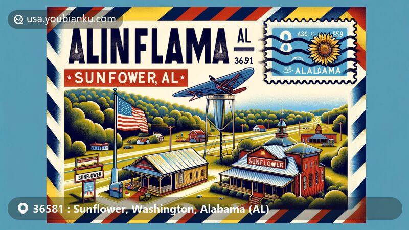 Modern illustration of Sunflower, Alabama, featuring an aerial mail envelope with Alabama state flag design, showcasing serene small town scene with lush trees and Southern architecture, including old-fashioned post office and ZIP Code 36581.