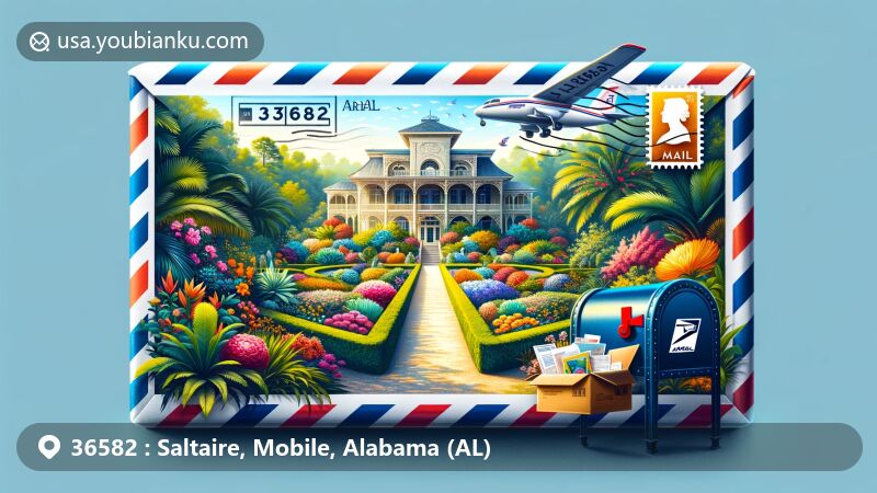 Modern illustration of Bellingrath Gardens and Home in Mobile, Alabama, featuring airmail envelope with ZIP code 36582, lush greenery, colorful flowers, and elegant estate structure.